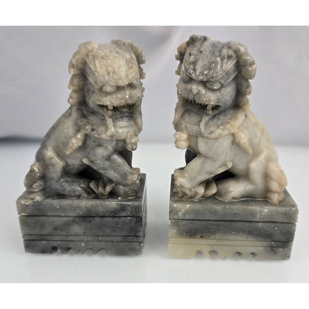 Pair Soapstone Foo Temple Dogs Chinese Carved Art Figures Decorative Bookends